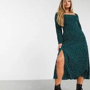 ASOS DESIGN Curve Green Polka Dot Square Neck Midi Dress Side Slit - Size US 12